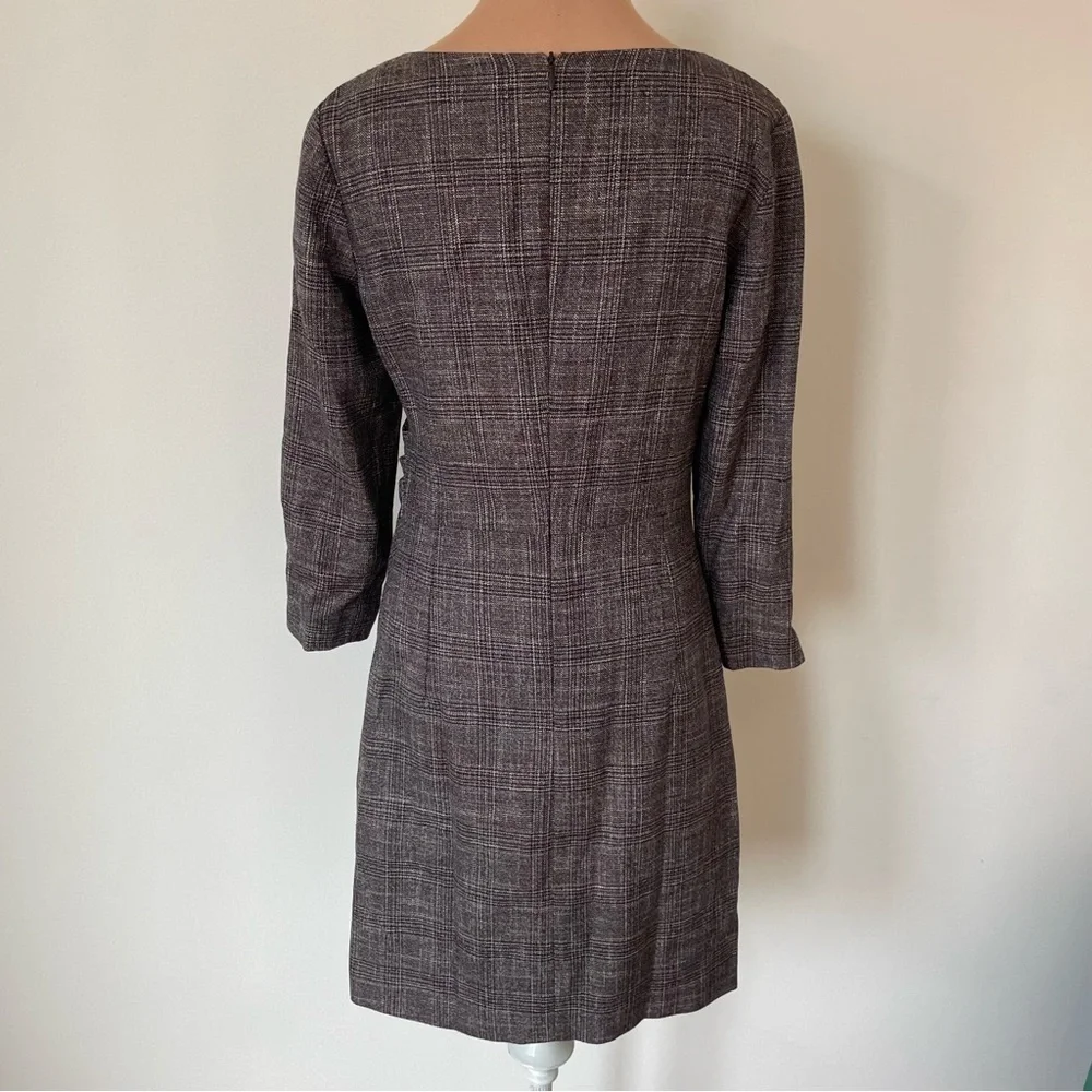 Piazza Sempione Wool Viscose Jeweled Shoulder Brown Gray Plaid Sheath Dress 40/4